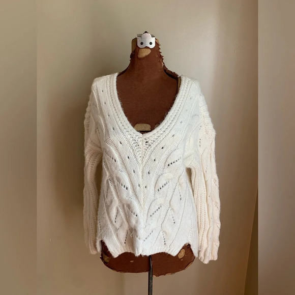 Anthropologie Ramona Chunky Cable Knit V-Neck Sweater  Ivory Alpaca xs - Picture 1 of 11